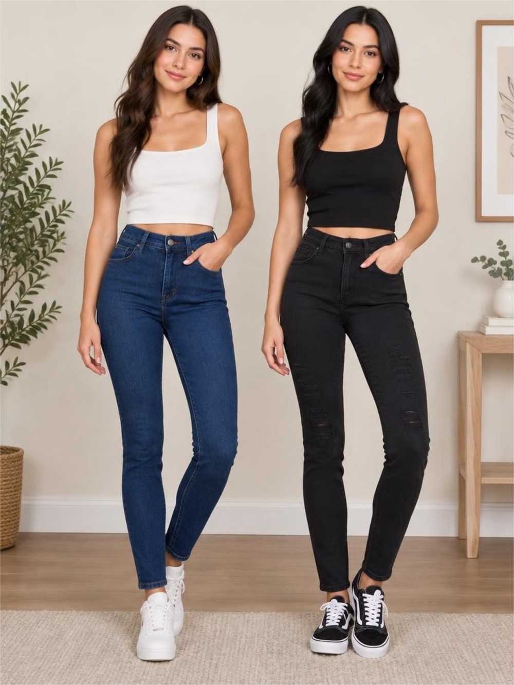 2 High-Rise Waste Skinny Women Jeans Dark Blue Distressed Black Size 5